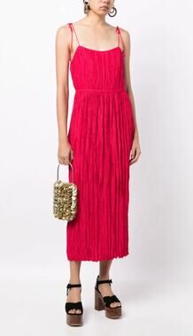 Ulla Johnson Tuckernuck Orla Tie Shoulder Plissé Red Pleated Strappy Midi Dress